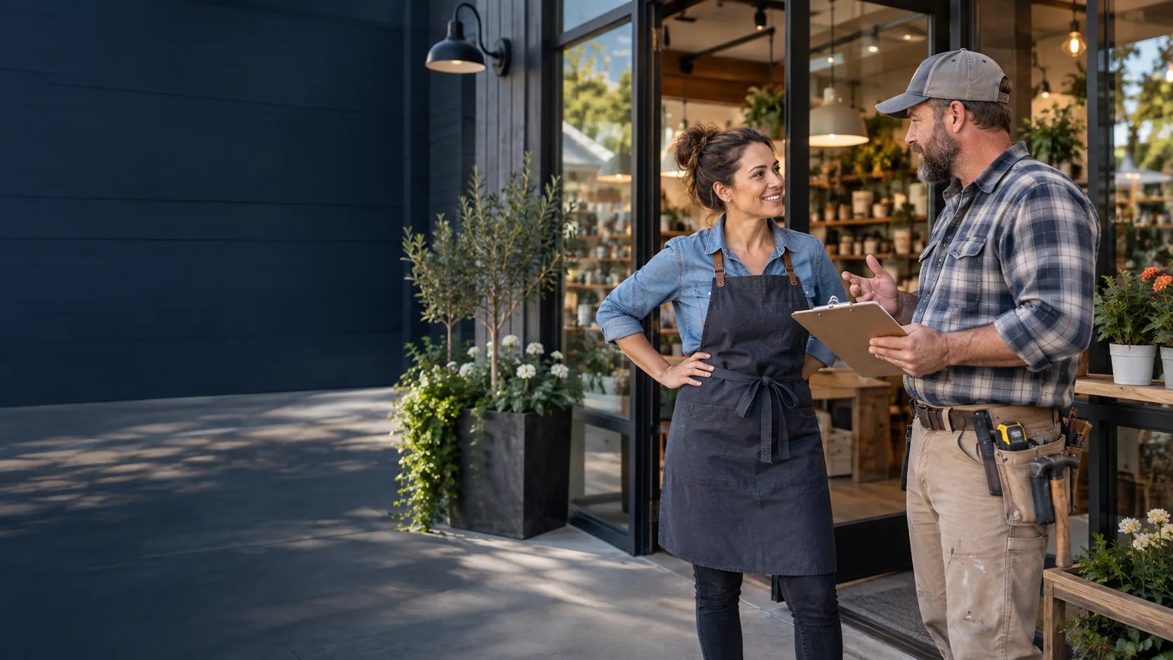 Business owner and contractor discussing operations outside a retail business