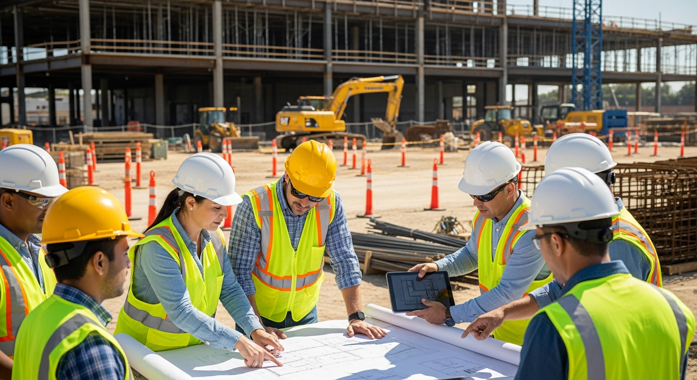 Contractor team at job site with general liability insurance coverage