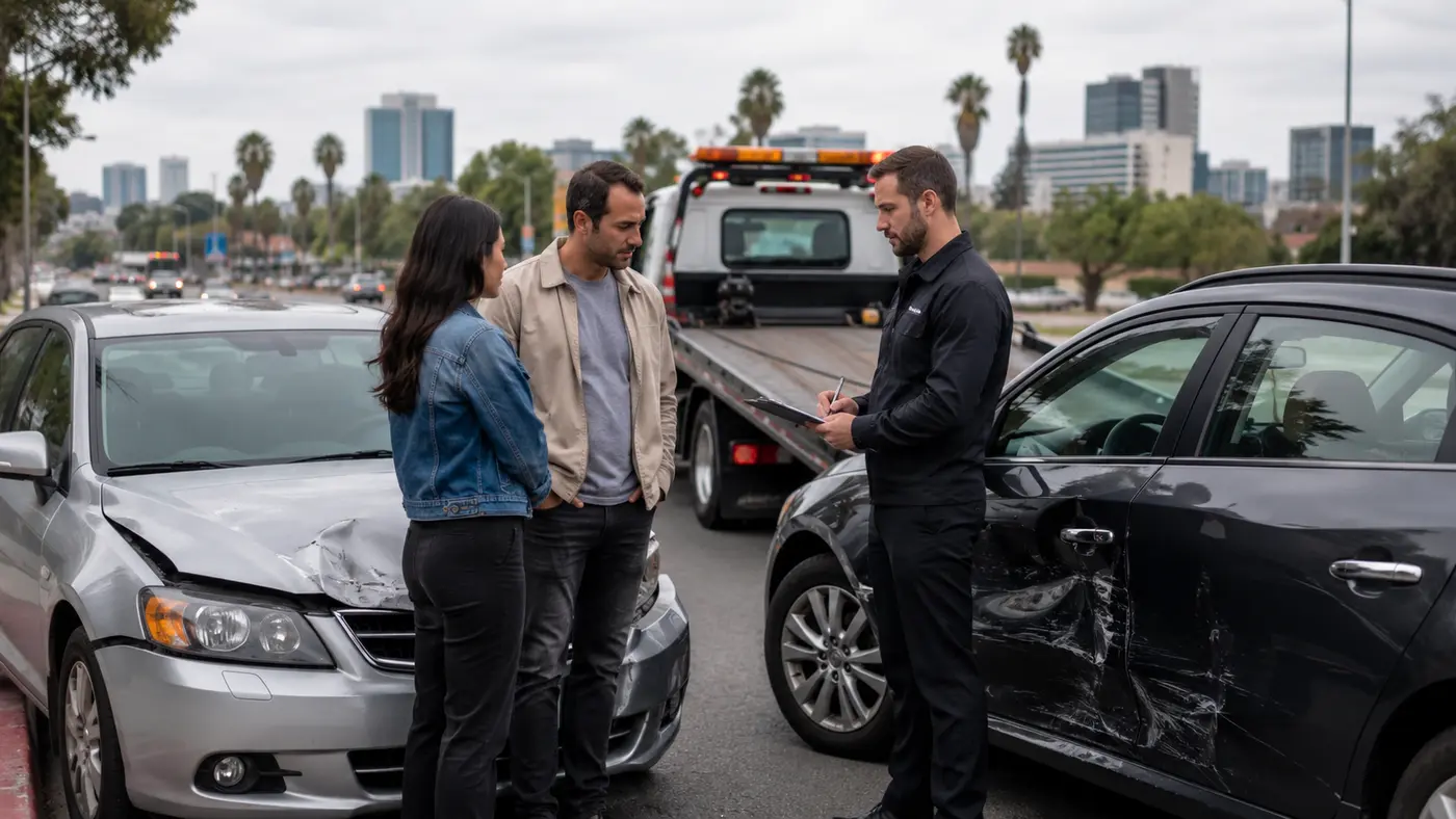Drivers speaking with a claims professional after a non-injury vehicle collision