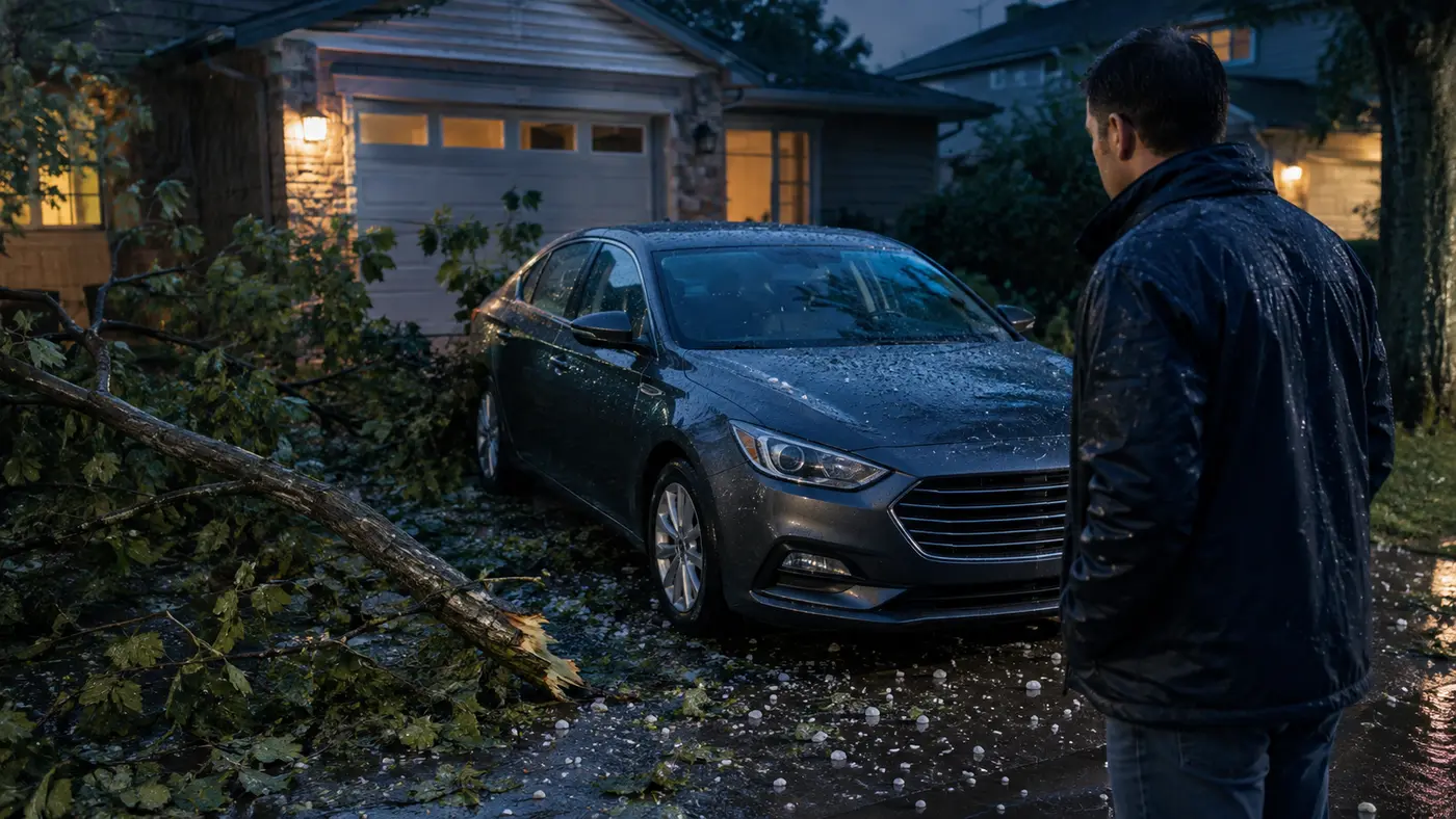 Driver inspecting storm debris near a parked vehicle after hail and wind