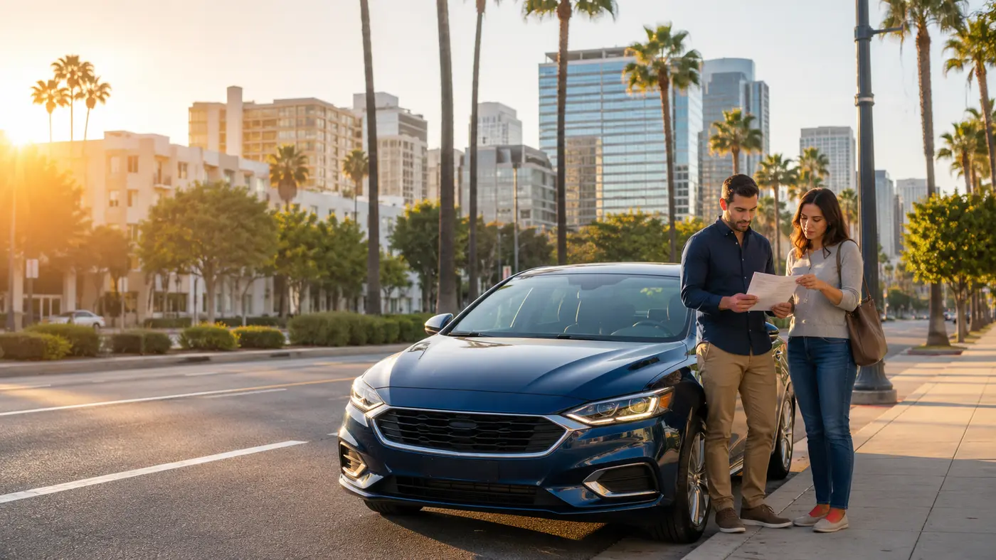California drivers reviewing auto insurance coverage beside a blue sedan