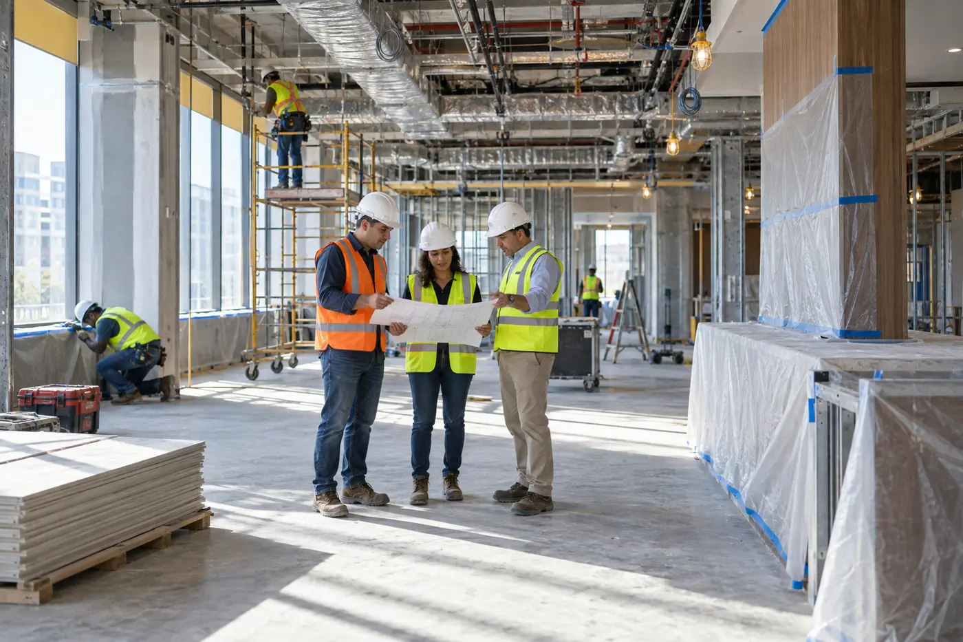 Contractor team reviewing a commercial interior renovation project