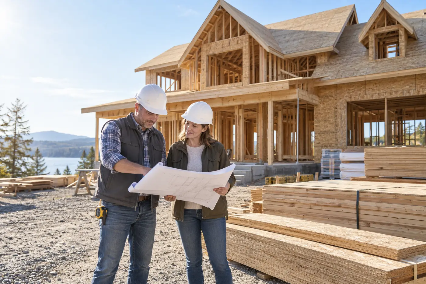 Owner and contractor reviewing plans at a custom home under construction