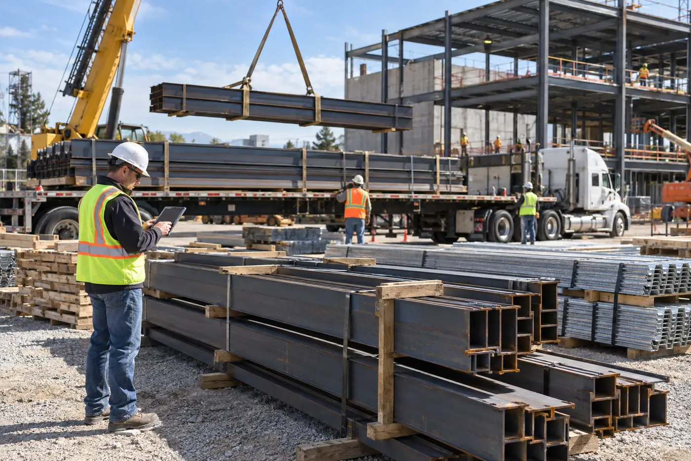 Structural steel delivery and organized materials storage at a commercial jobsite
