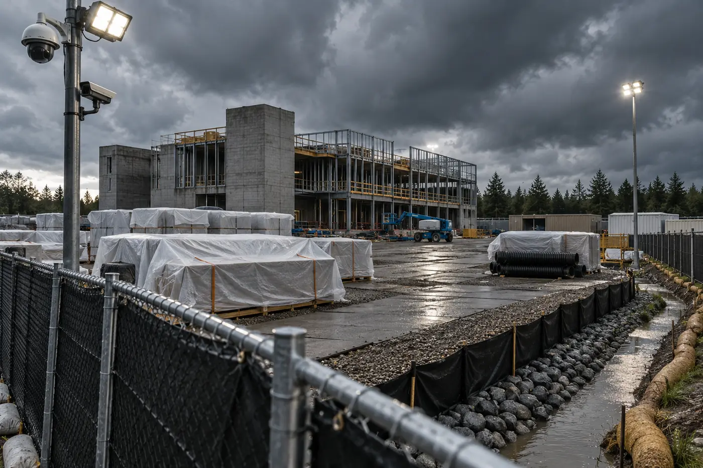 Secured construction site with wrapped materials and storm-water controls