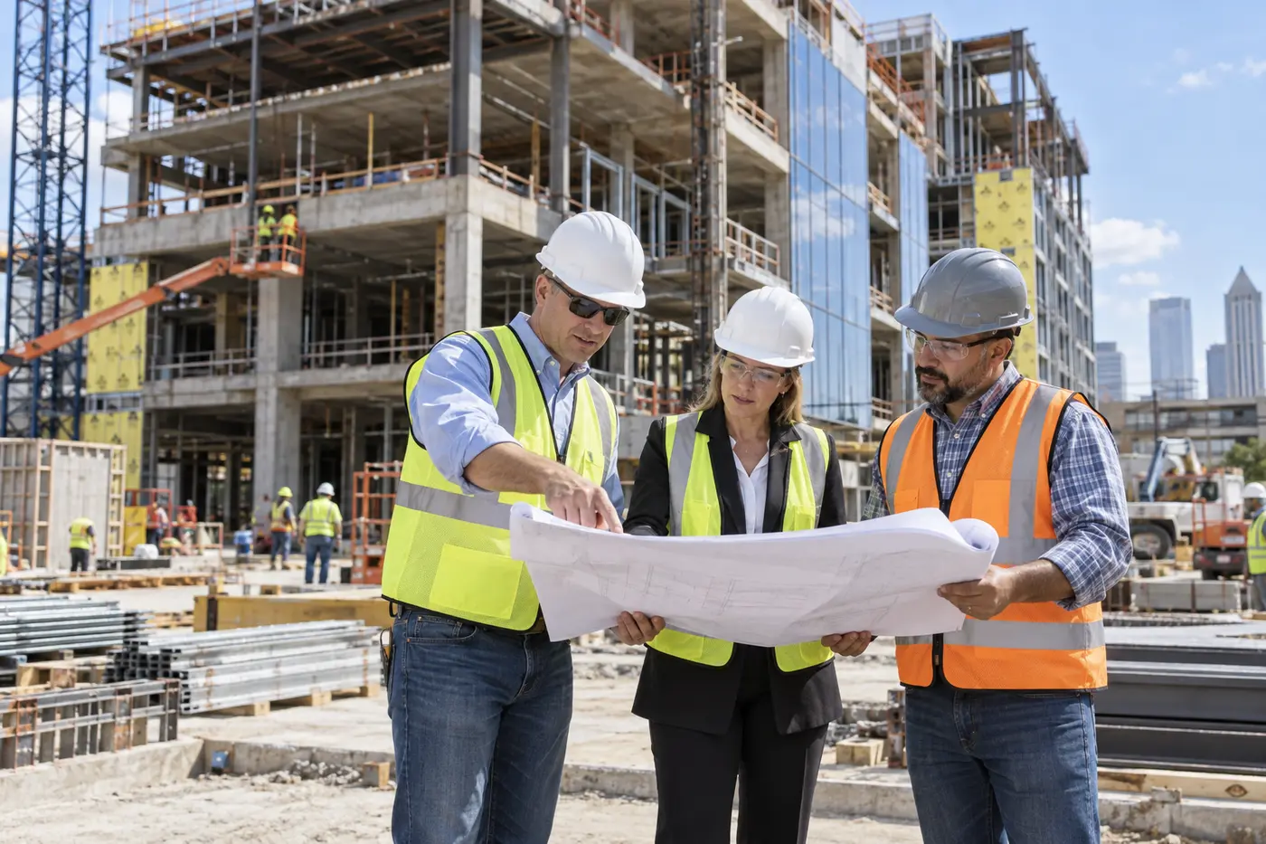Project owner, superintendent and engineer reviewing a builders risk project in your area