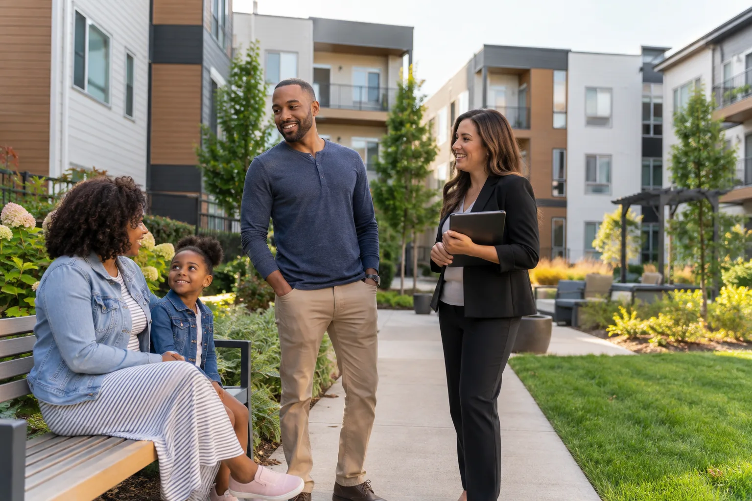 welcoming affordable housing community with attractive buildings and maintained shared courtyard