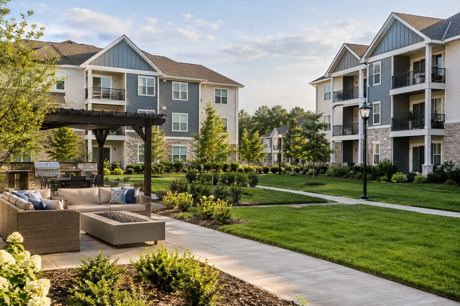 multifamily housing buildings with maintained roofs and common areas