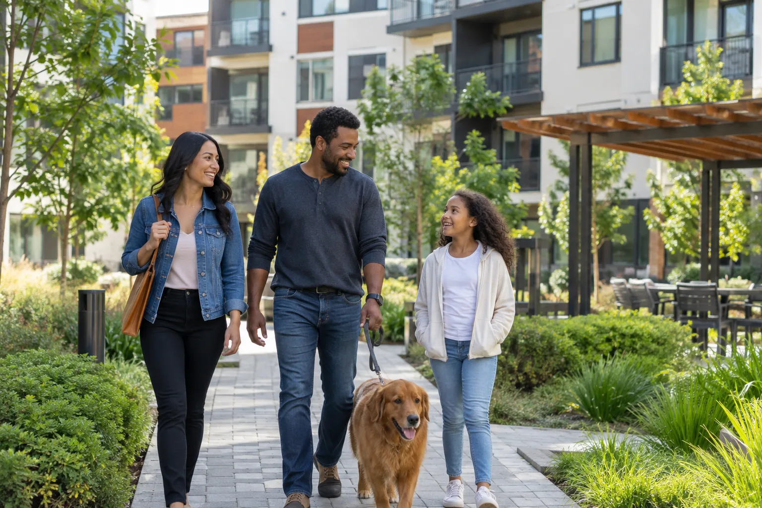 community residents walking through a landscaped shared courtyard