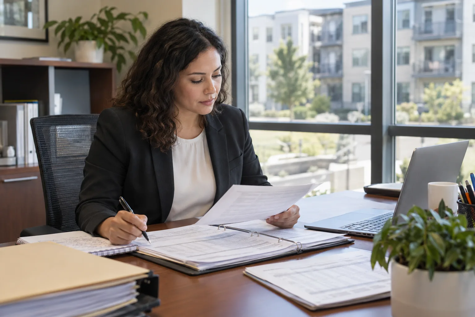 housing manager reviewing resident service and occupancy records