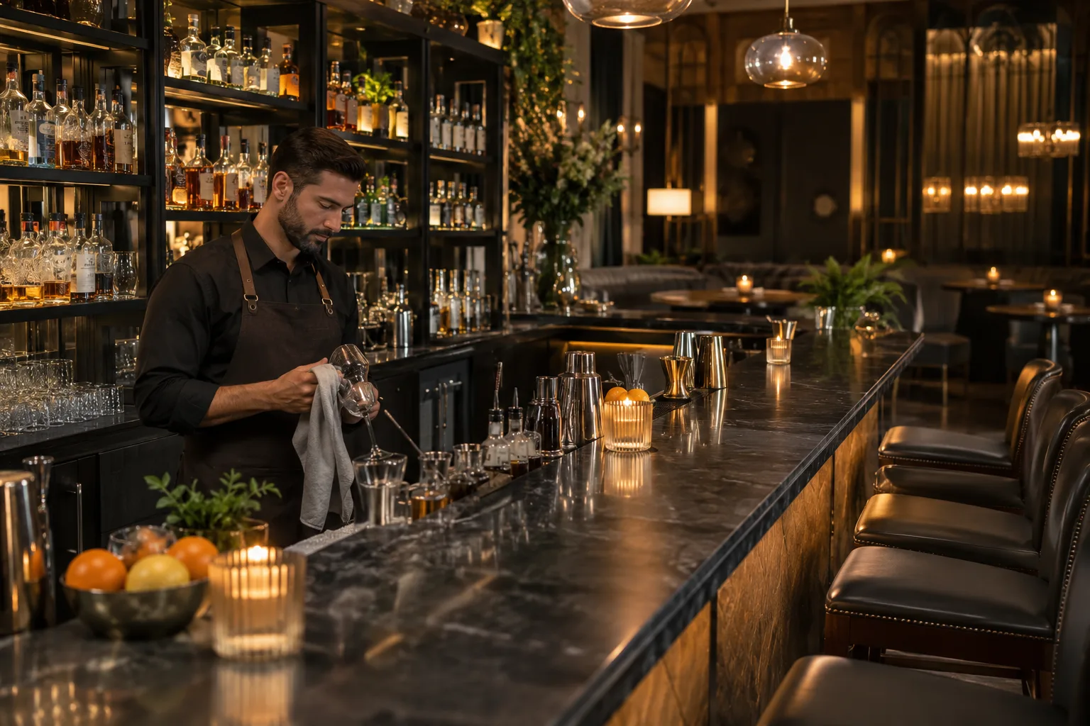 sophisticated neighborhood lounge interior with professional bartender preparing before opening
