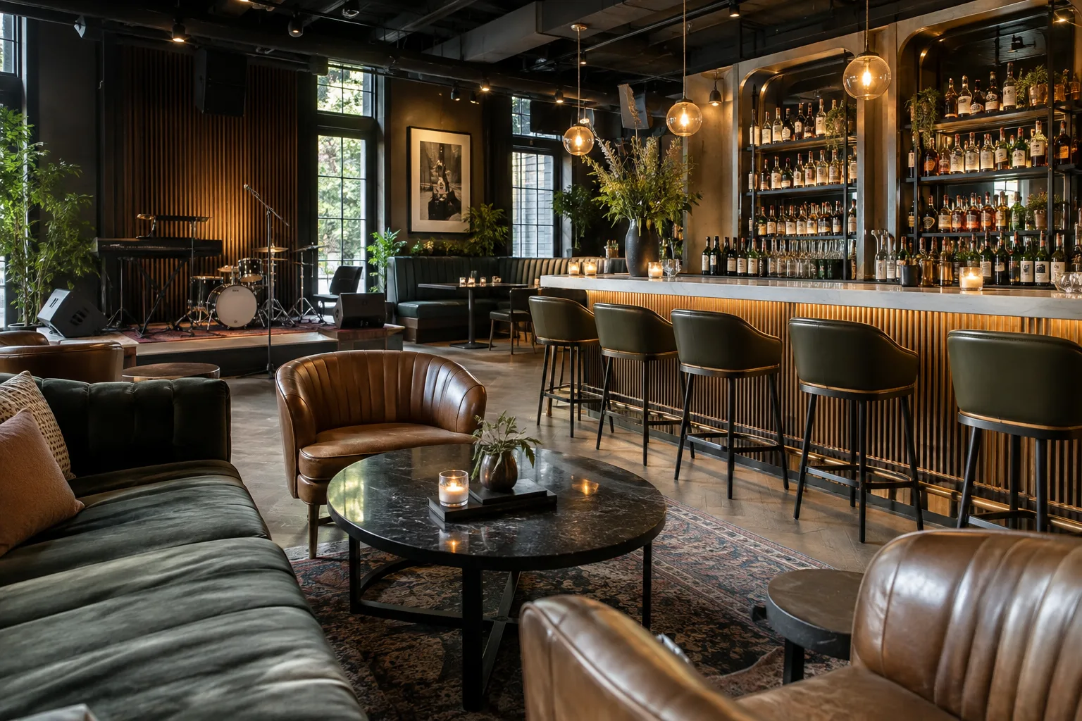 empty lounge showing seating, sound equipment and carefully designed bar