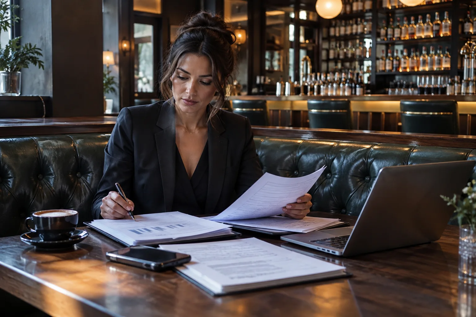bar owner reviewing business paperwork in a quiet lounge booth