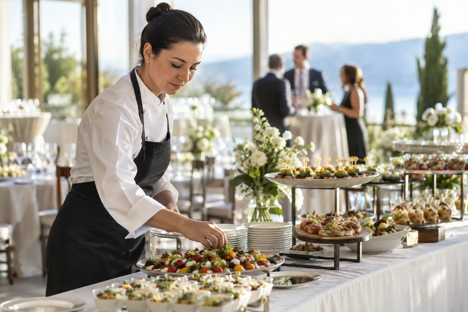 professional caterer arranging a beautiful buffet at a private event venue