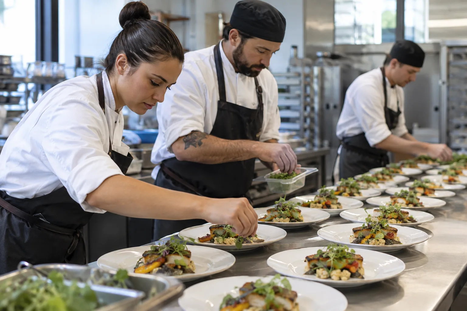 catering team plating food in a professional event kitchen