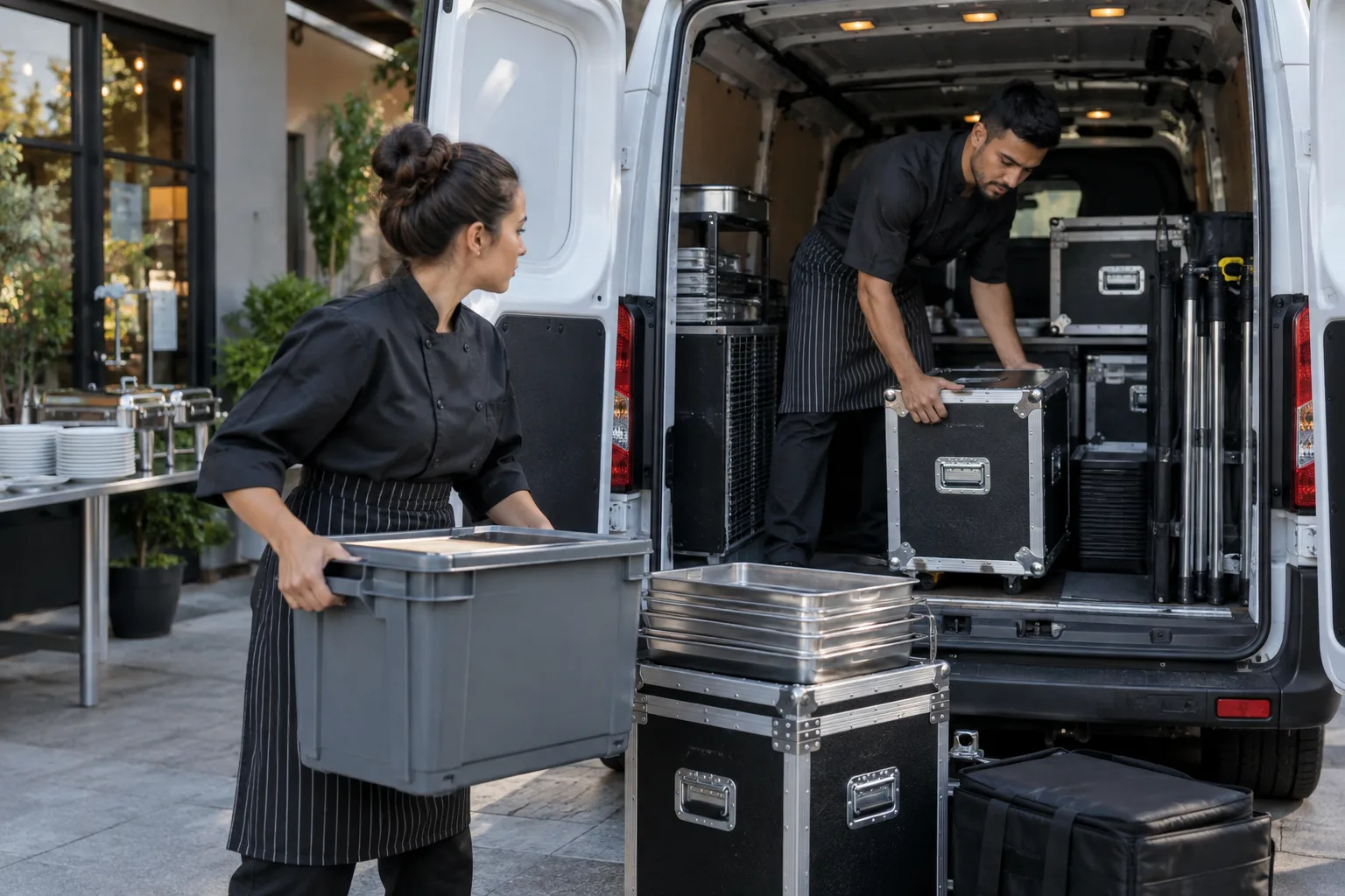 caterers loading organized equipment cases into an unbranded service van