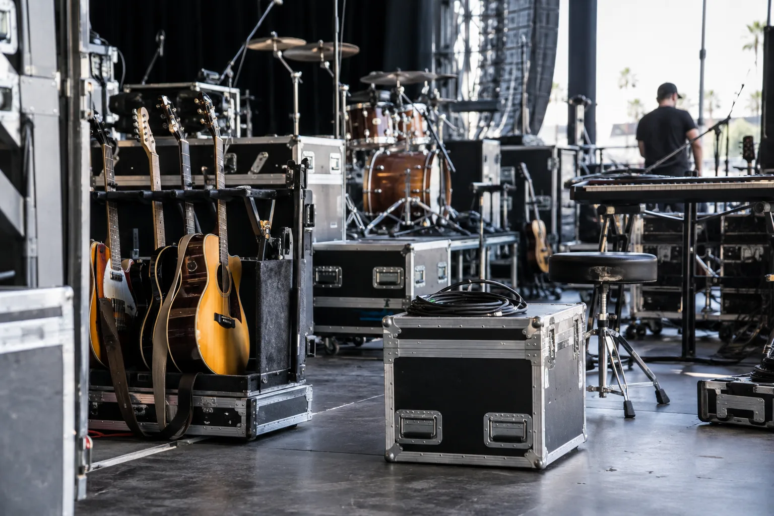 organized musical instruments and road cases backstage