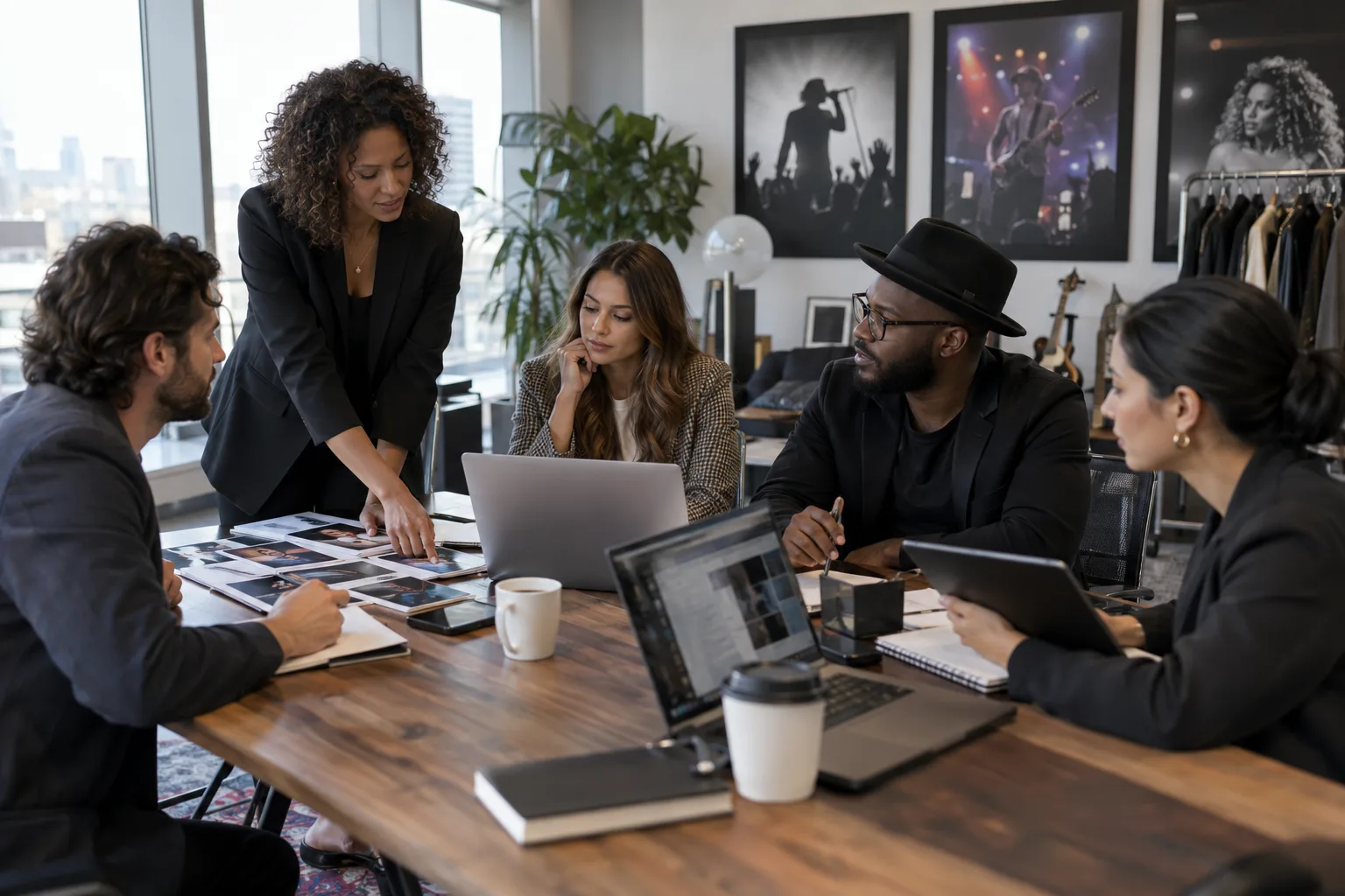 entertainment management team coordinating bookings in a studio office