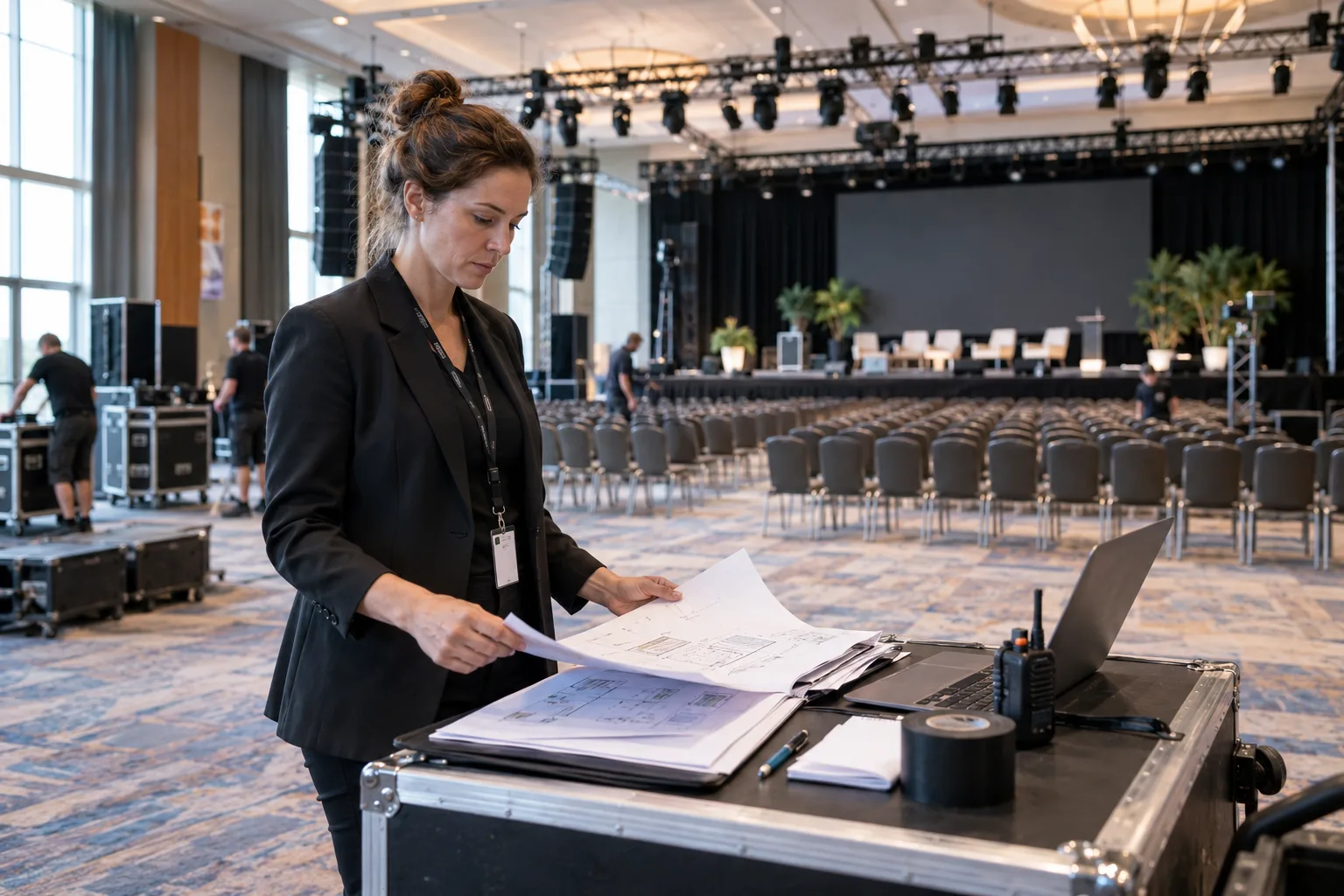 conference producer reviewing plans in a large prepared event hall