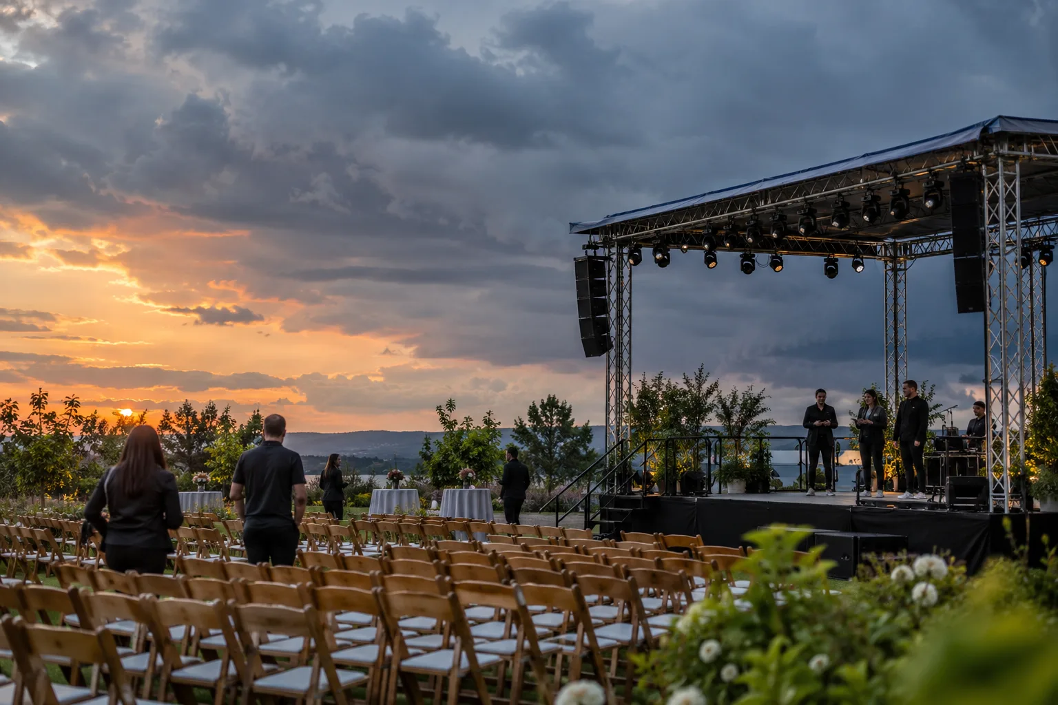 outdoor event venue with professionally prepared stage under a changing sky