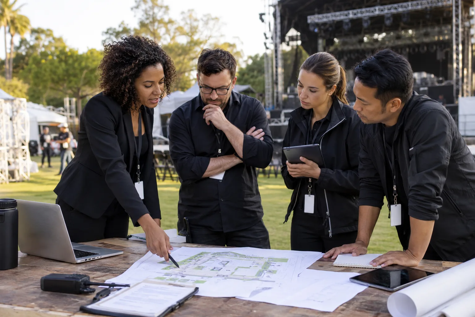 event planning team coordinating production and risk arrangements