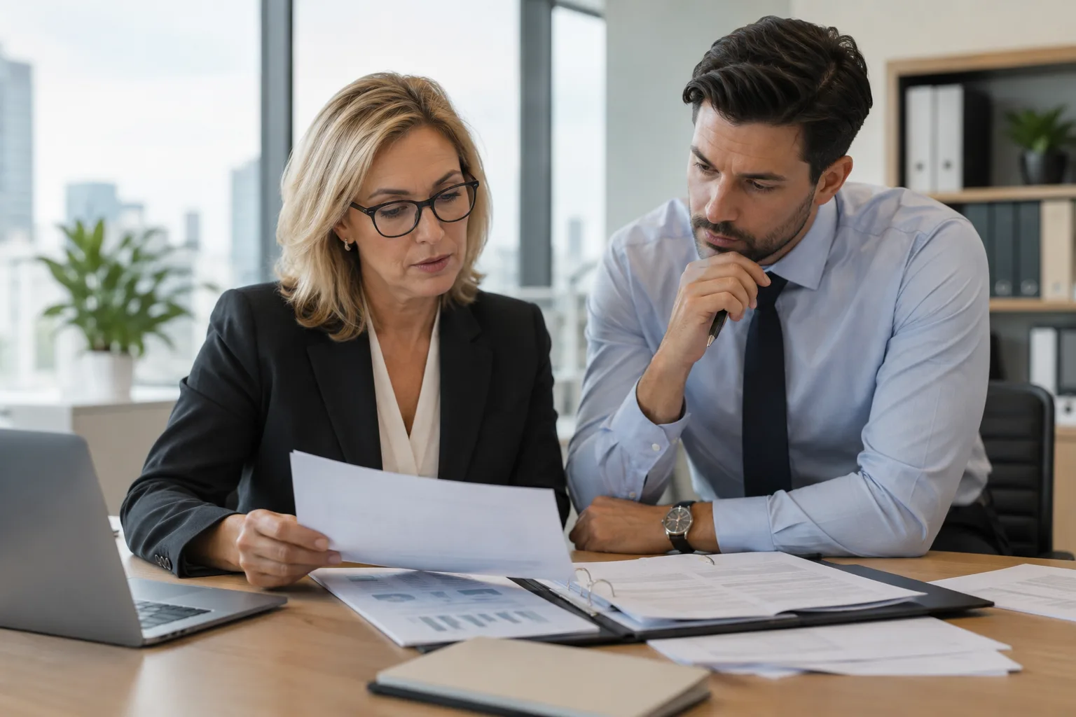 company controller and colleague reviewing approval procedures