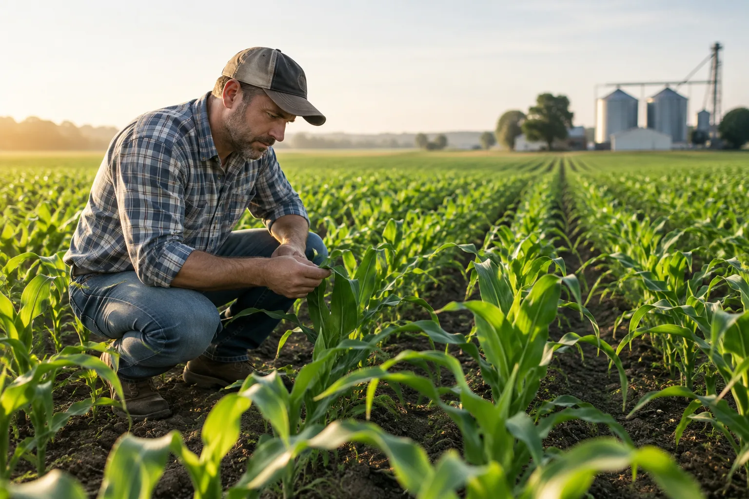 agricultural grower inspecting healthy cultivated crop rows