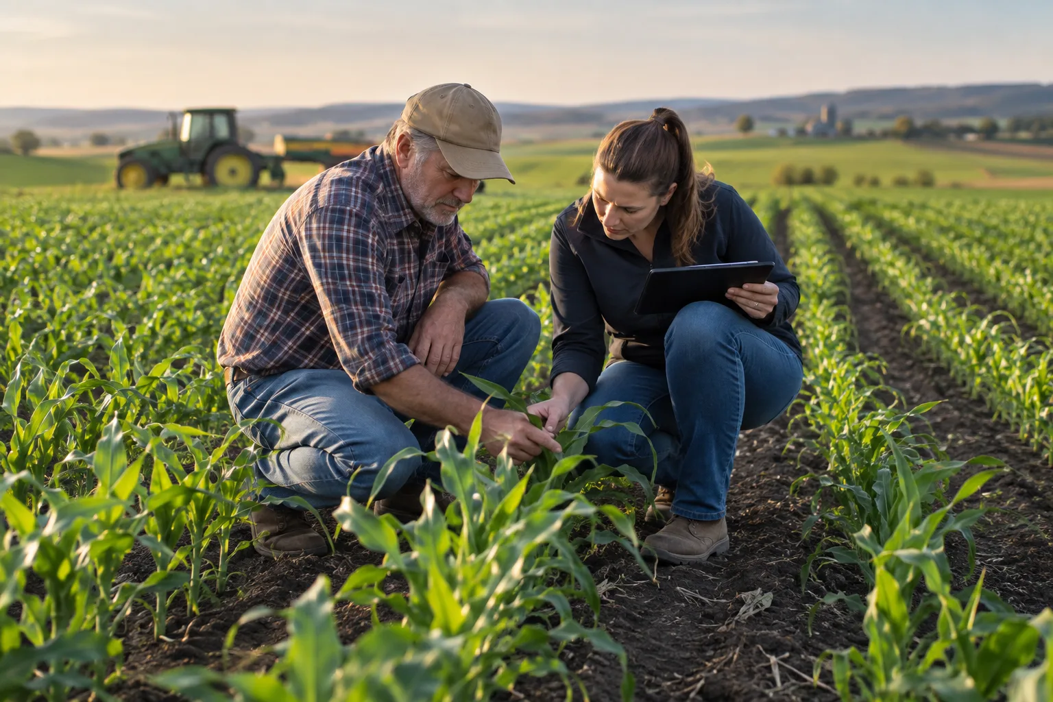 farmer and agronomist inspecting orderly crop rows