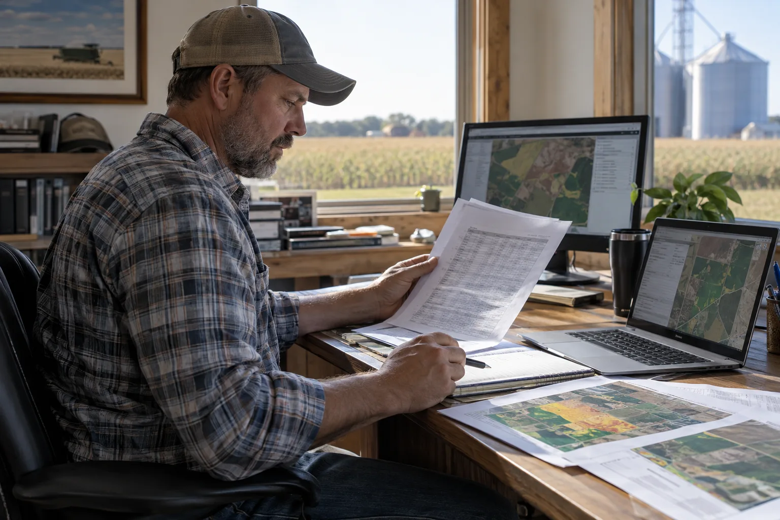grower reviewing harvest records and field maps in a farm office