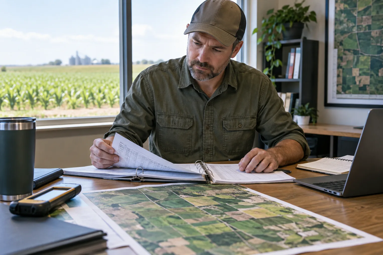agricultural manager organizing production records beside a field map