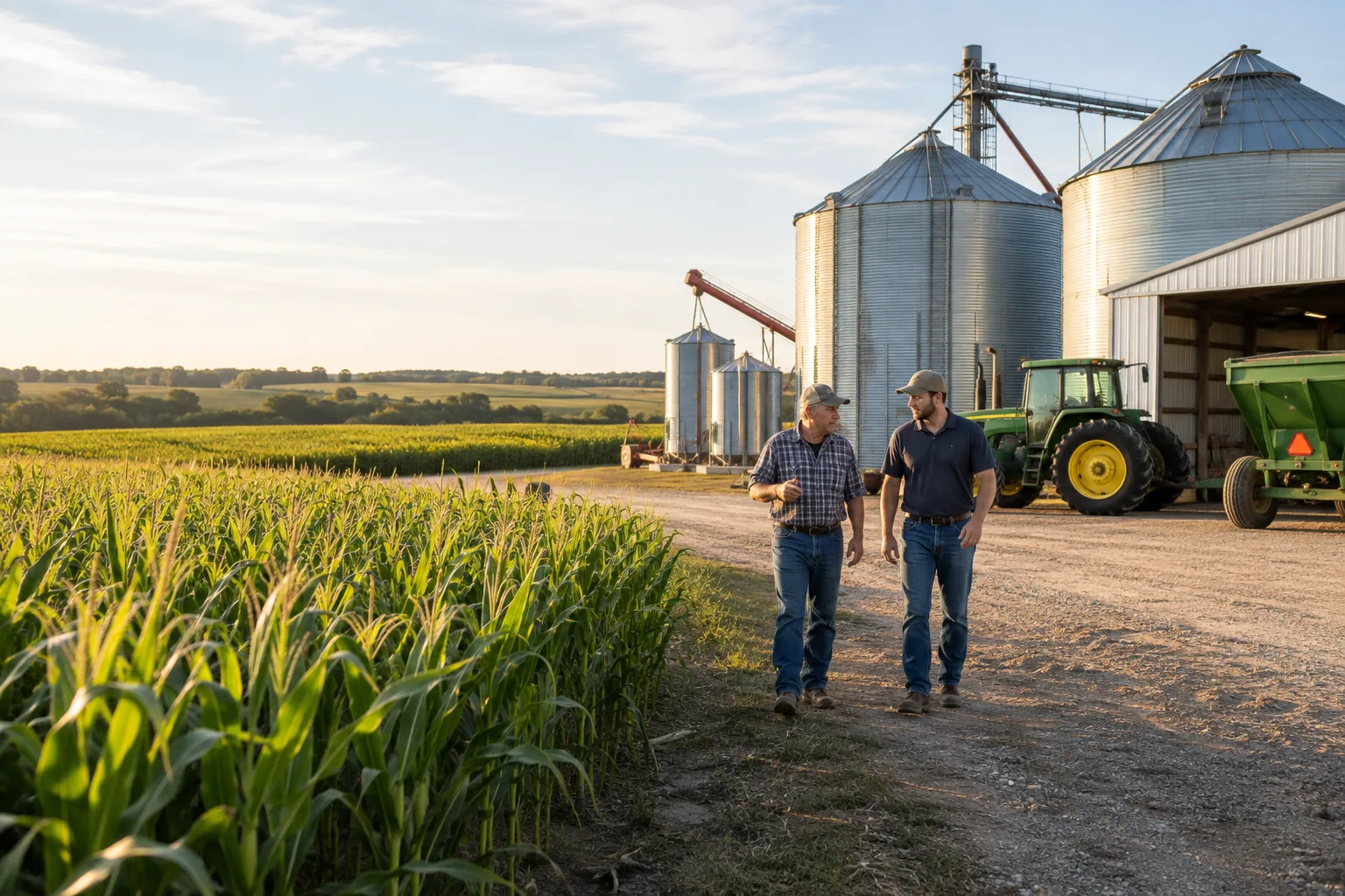 farm equipment and storage structures beside productive agricultural fields