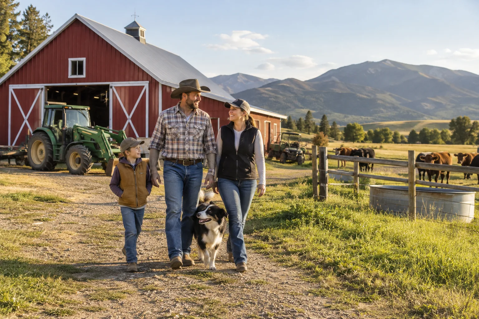 family farm and ranch with maintained barn, equipment and pasture in warm daylight