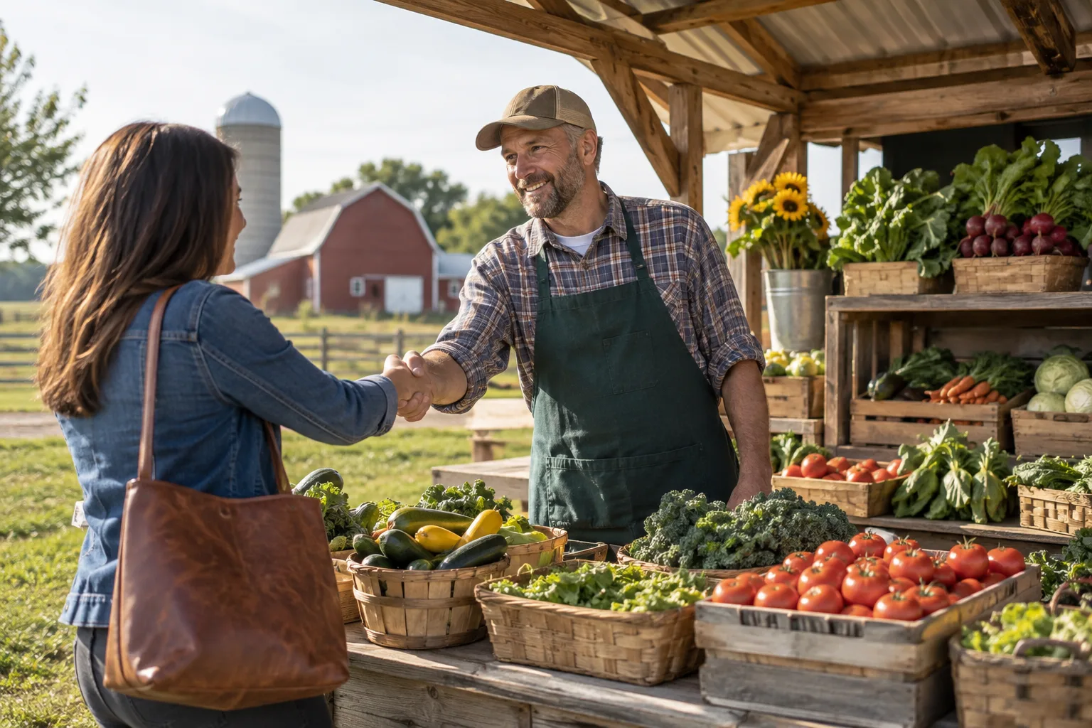 farm operator welcoming a visitor at an organized farm stand