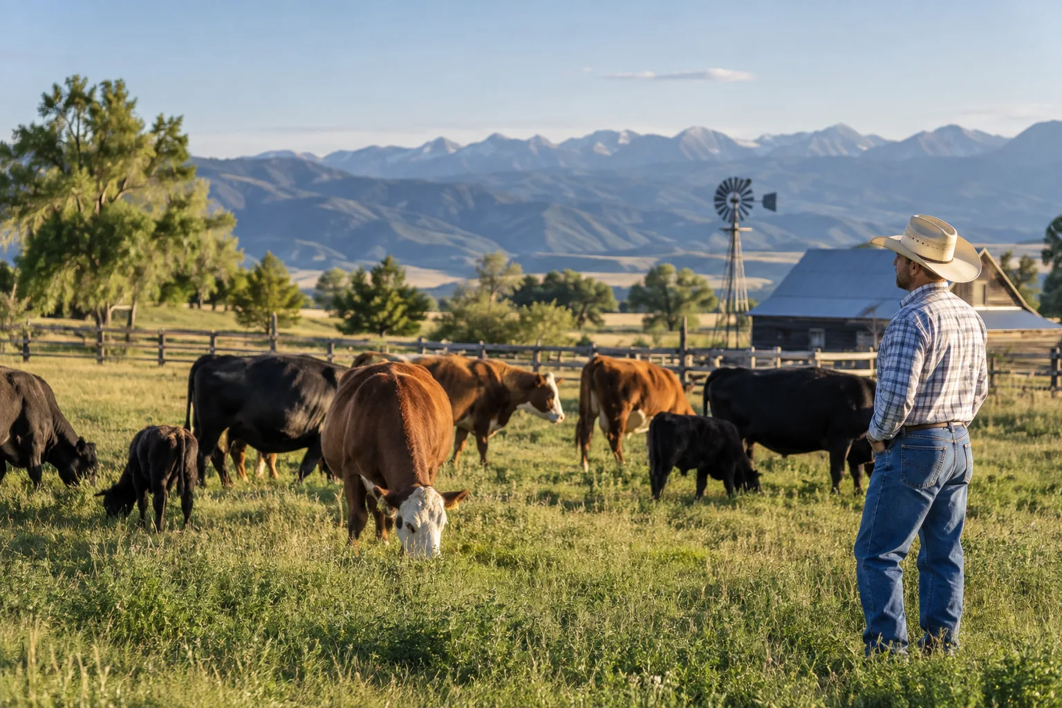healthy cattle in a well-maintained ranch pasture with farmer nearby