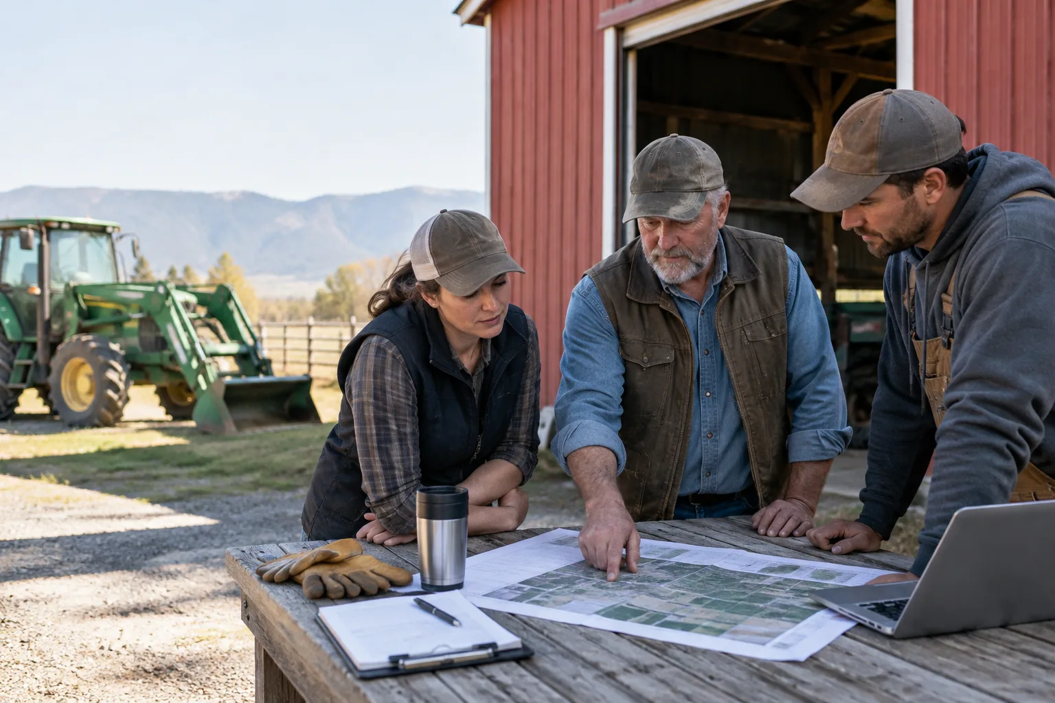 farm owner and staff planning seasonal work beside a barn