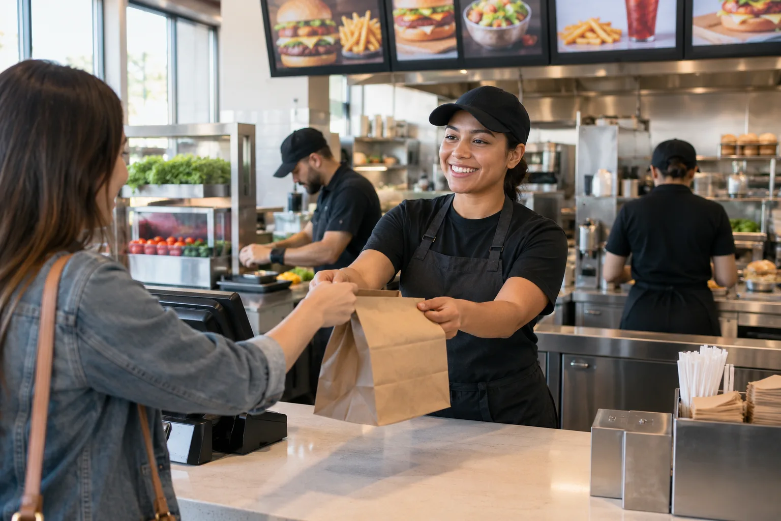 bright modern quick-service restaurant with service counter and kitchen staff