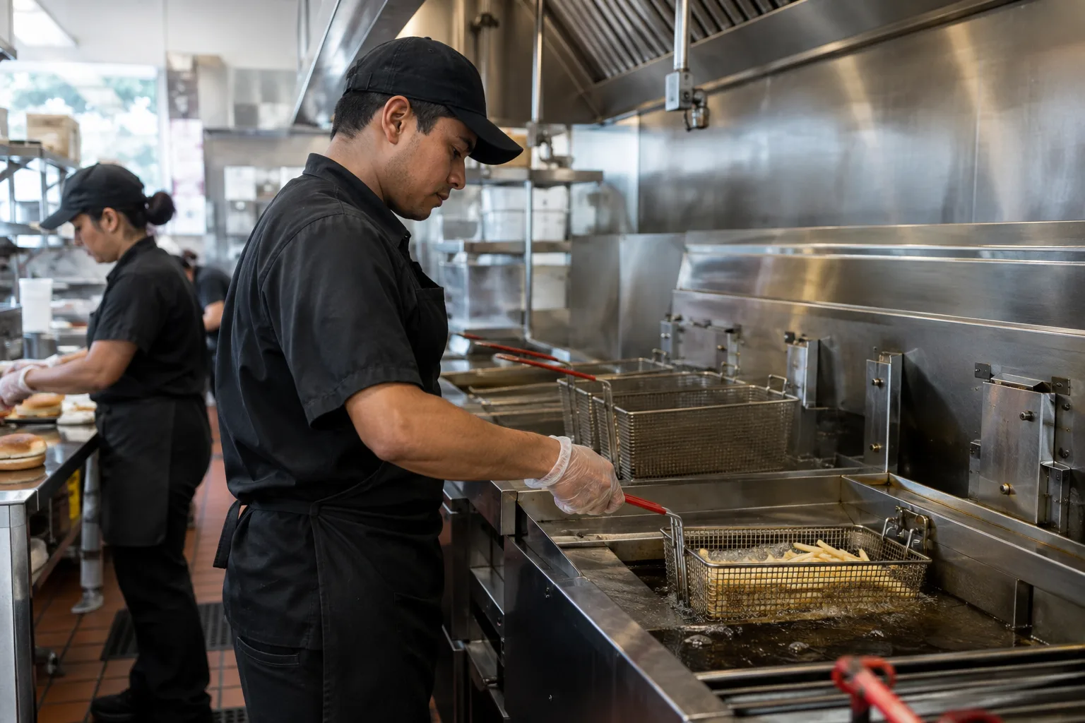 quick-service commercial kitchen with stainless steel fryers and ventilation
