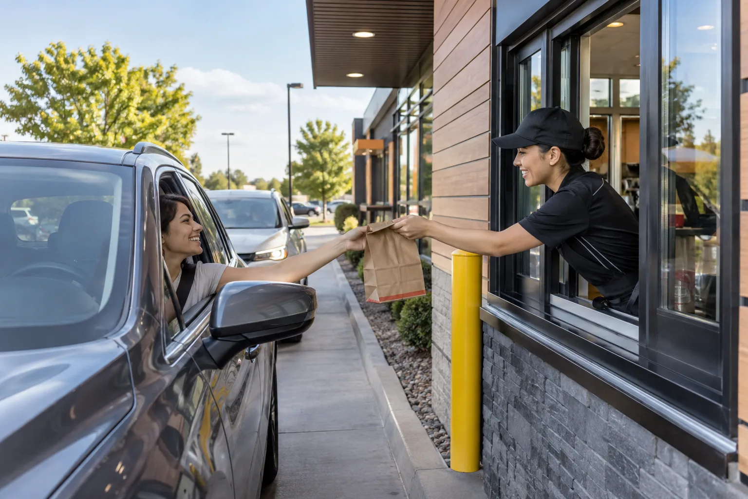 modern fast-food drive-through lane and well-maintained restaurant exterior