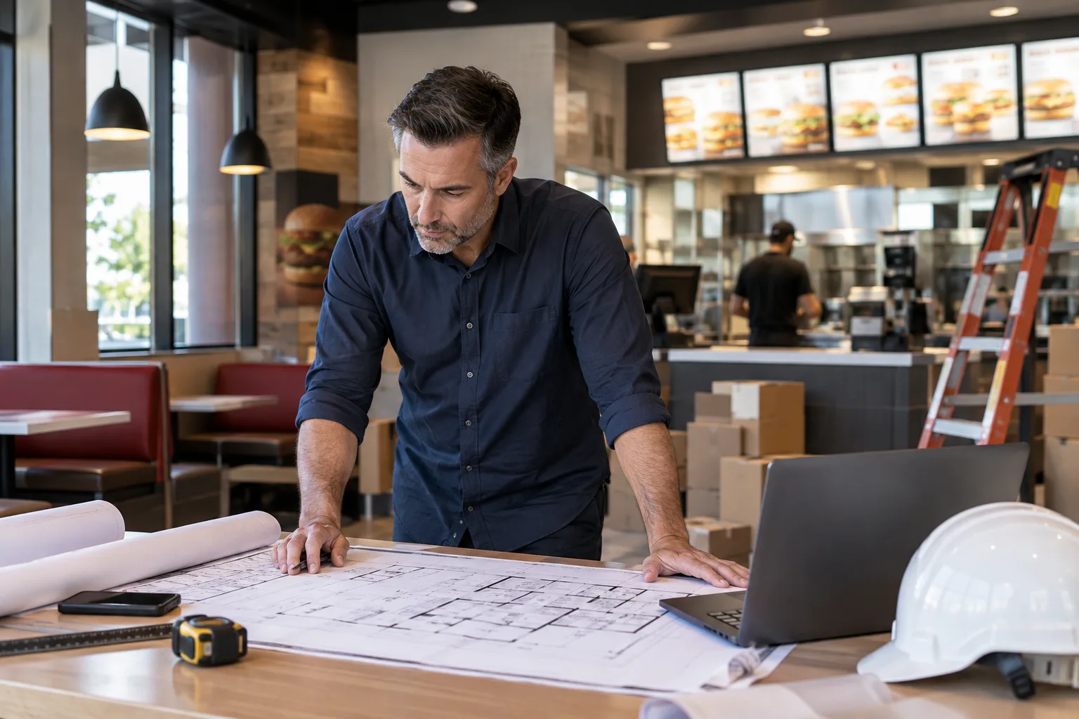 quick-service franchise owner reviewing location plans