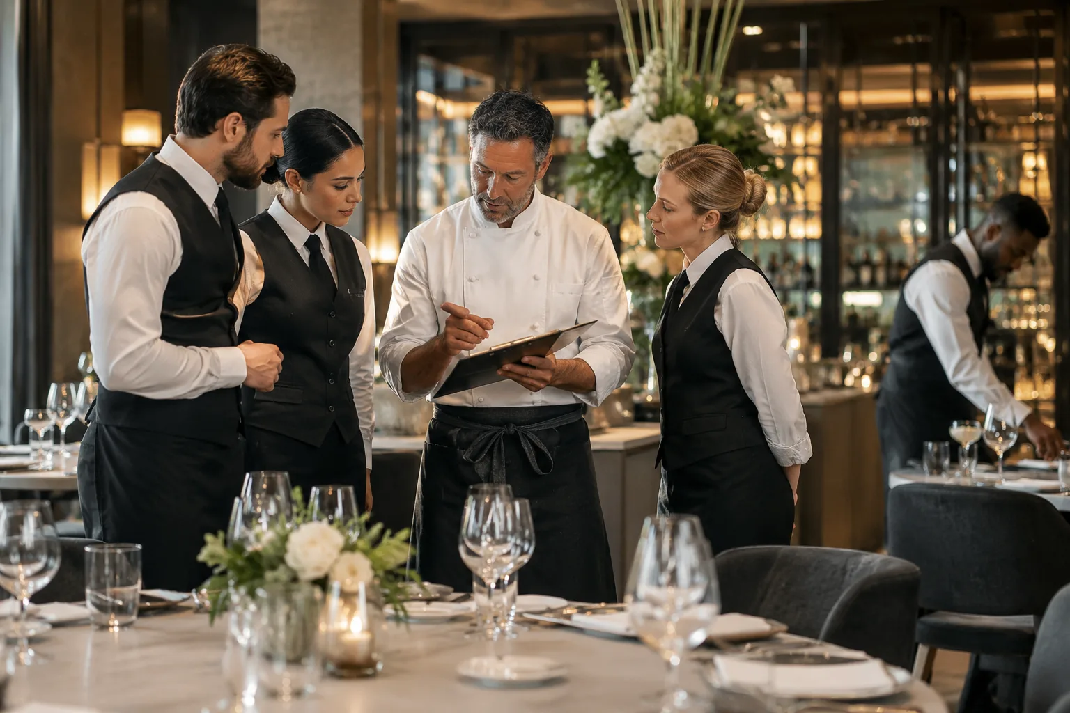 chef and restaurant service team coordinating a refined dinner service