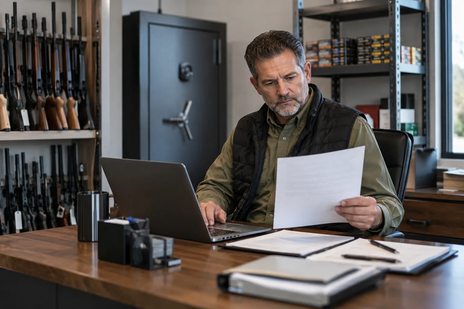 licensed business owner reviewing inventory records in a secure back office