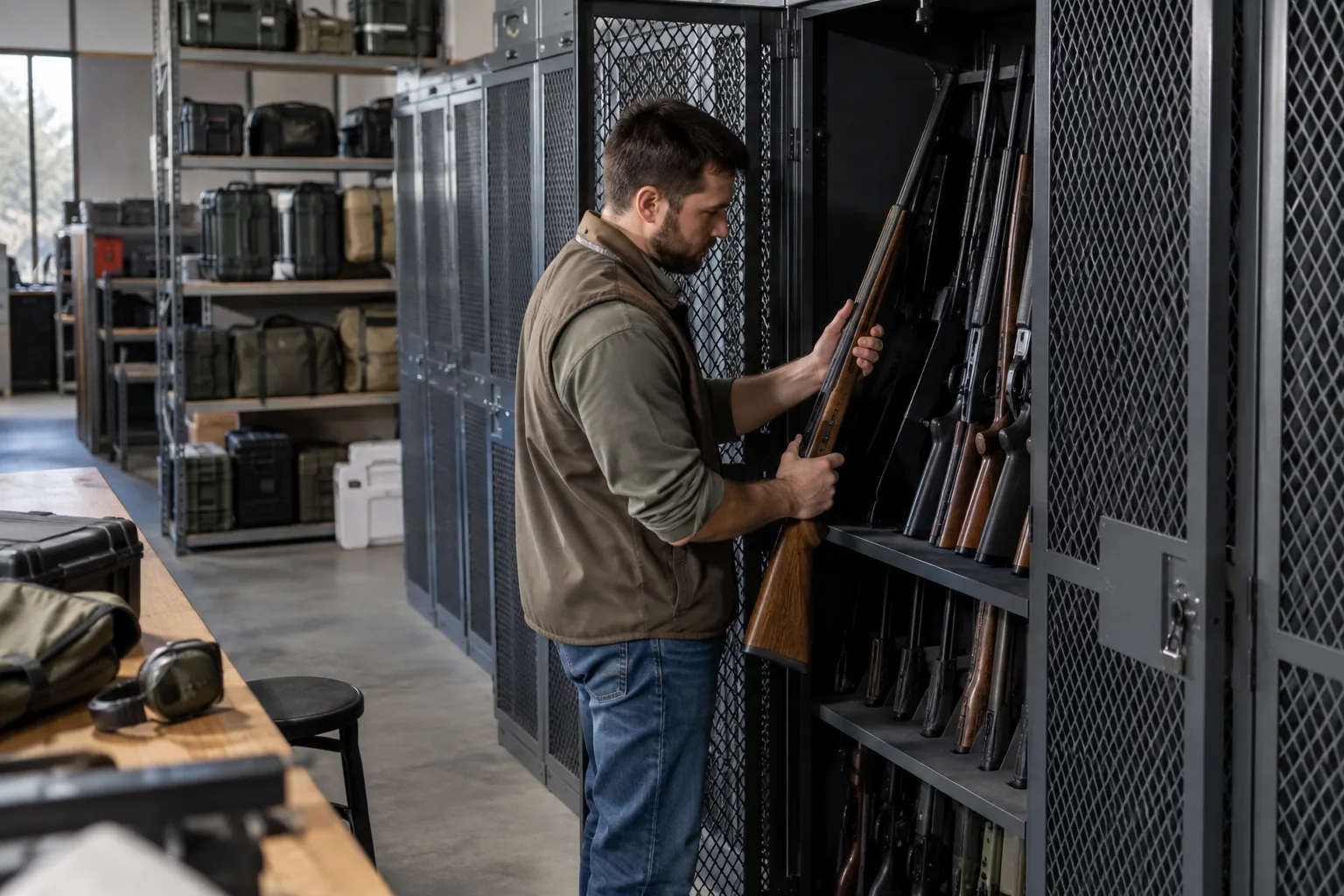 secured sporting goods stockroom with organized locked storage
