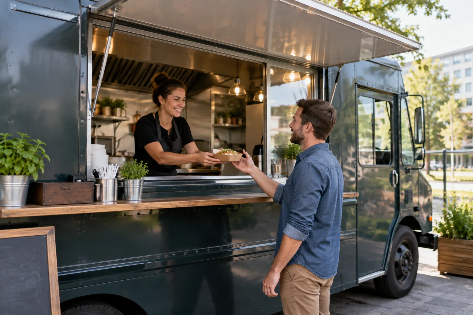 parked modern food truck showing clean service window and exterior