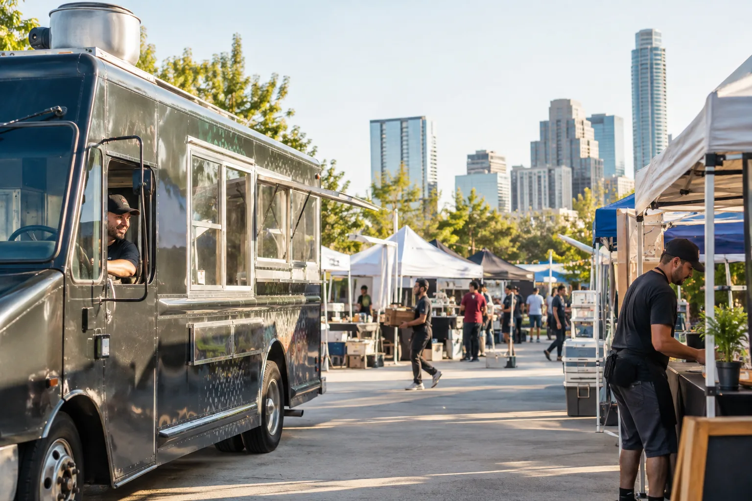 food truck arriving at an organized outdoor festival vendor area