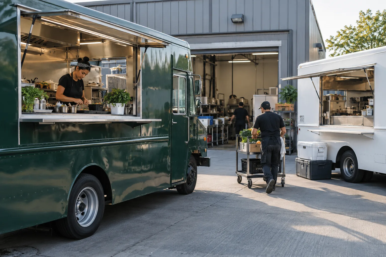 two unbranded food trucks parked at a professional commissary facility