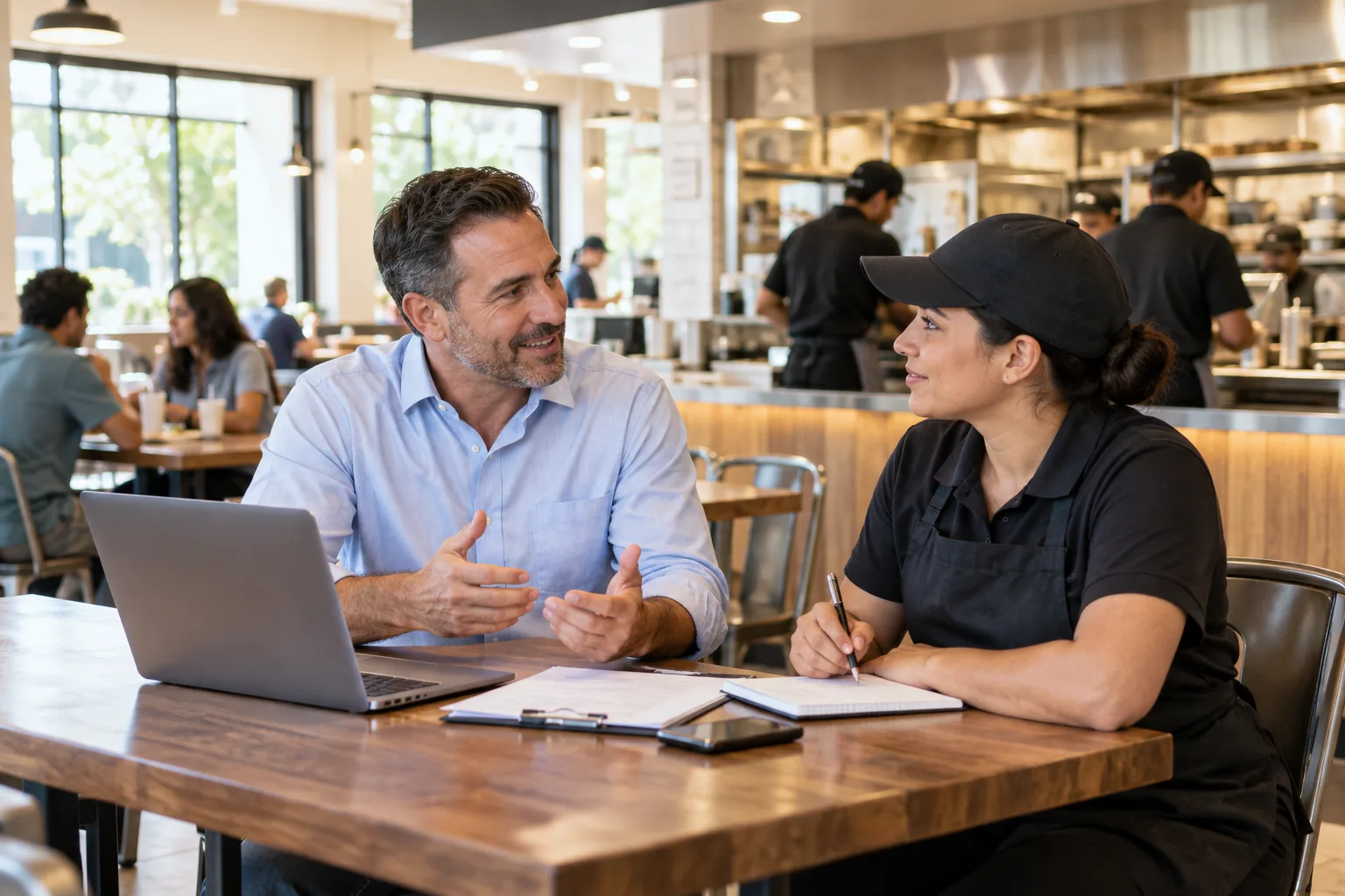 restaurant franchise owner meeting a manager in a bright unbranded quick-service dining room