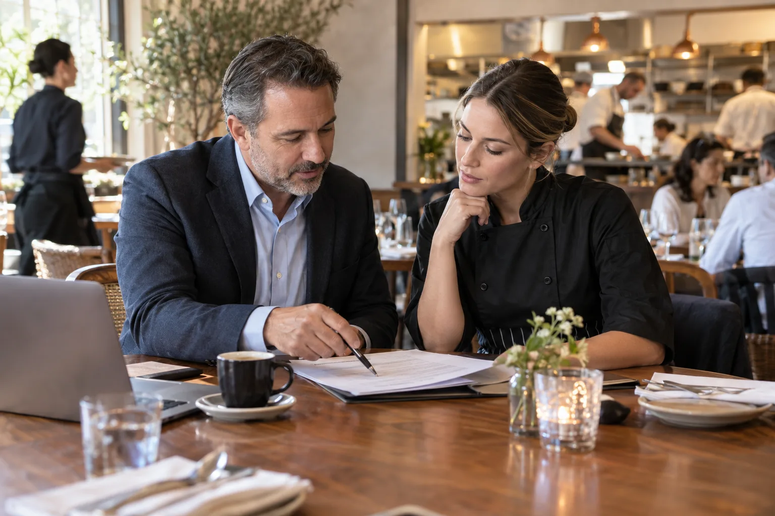 restaurant franchise owner and manager reviewing a franchise agreement at a dining table