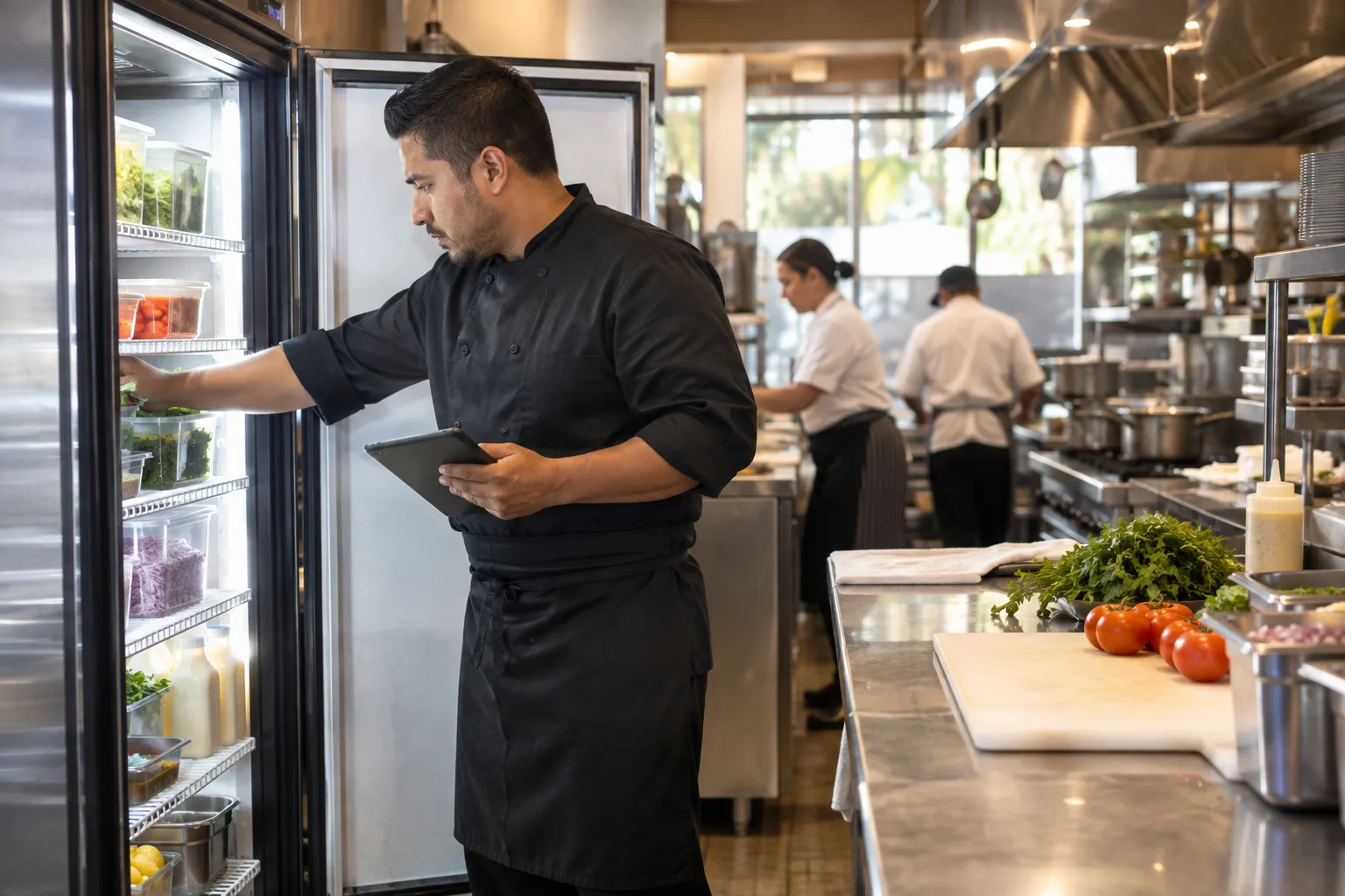 restaurant franchise kitchen manager checking commercial refrigeration beside a clean food preparation station