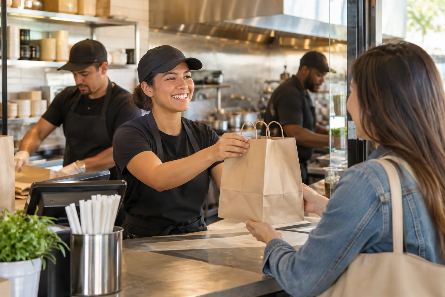 unbranded quick-service restaurant team handing a neatly packed takeout order to a customer
