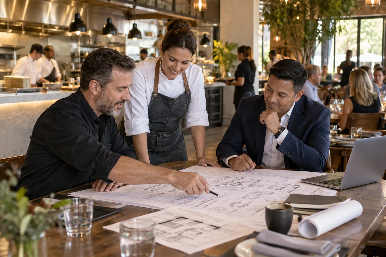 restaurant franchise operators reviewing plans for a new dining location in an existing restaurant